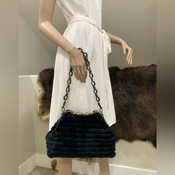 Handmade Real Rex Rabbit Fur Embossed Push Lock Handbag With 3 Strap Styles - Picture 7 of 17